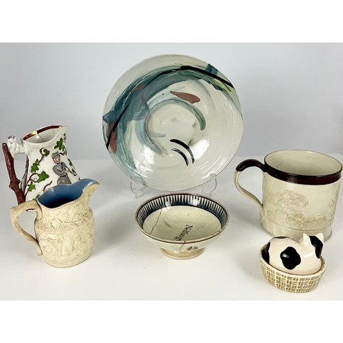 302 - MISCELLANEOUS CHINA AND STONEWARE INCLUDING RELIEF DECORATED TANKARD AND JUGS, LARGE HAND PAINTED BO... 