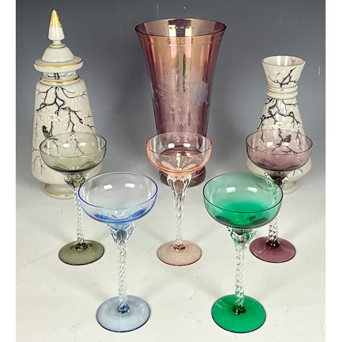 322 - 2 FRENCH GLASS VASES, ONE WITH COVER, TOGETHER WITH AN ETCH GLASS VASE AND 5 HOCK GLASSES