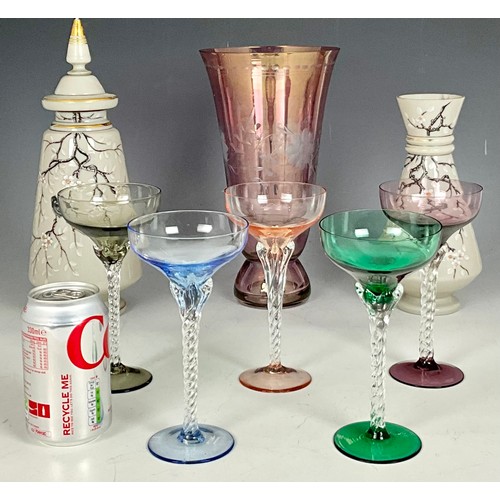 322 - 2 FRENCH GLASS VASES, ONE WITH COVER, TOGETHER WITH AN ETCH GLASS VASE AND 5 HOCK GLASSES