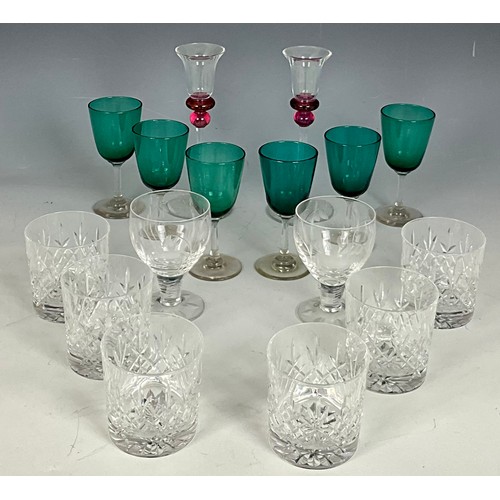 323 - MISC. COLOURED DRINKING GLASSES, 2 STUART CRYSTAL AND A BOXED SET OF 6 EDINBURGH CRYSTAL TUMBLERS