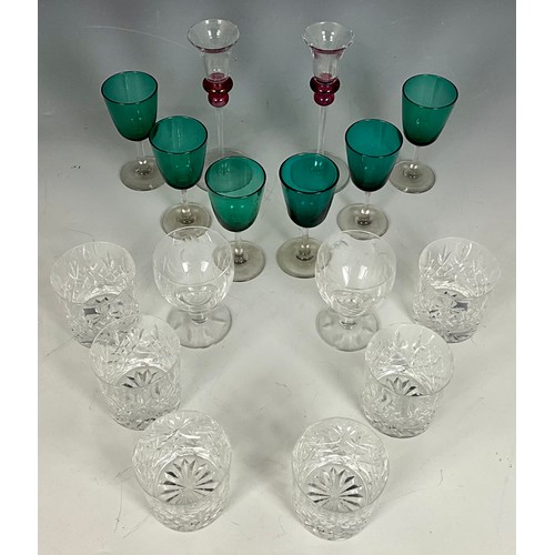 323 - MISC. COLOURED DRINKING GLASSES, 2 STUART CRYSTAL AND A BOXED SET OF 6 EDINBURGH CRYSTAL TUMBLERS