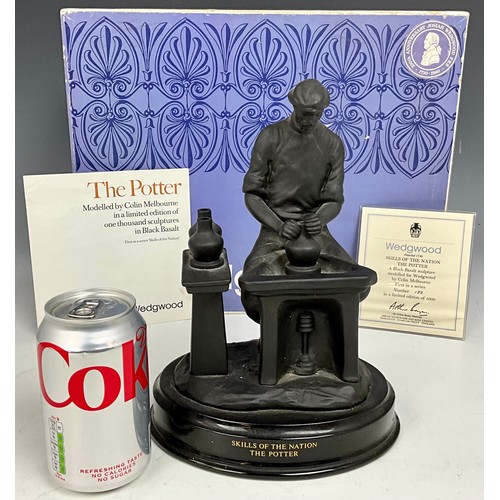 144 - WEDGWOOD BLACK BASALT FIGURE ‘THE POTTER’ MODELLED BY COLIN MELBOURNE, LTD. ED. 132/1000 WITH CERTIF... 