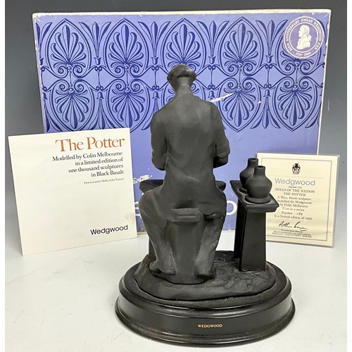 144 - WEDGWOOD BLACK BASALT FIGURE ‘THE POTTER’ MODELLED BY COLIN MELBOURNE, LTD. ED. 132/1000 WITH CERTIF... 