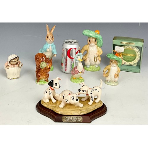 157 - MISC. BESWICK BEATRIX POTTER FIGURES AND A ROYAL DOULTON 101 DALMATIONS PATCH, ROLLY AND FRECKLES ON... 