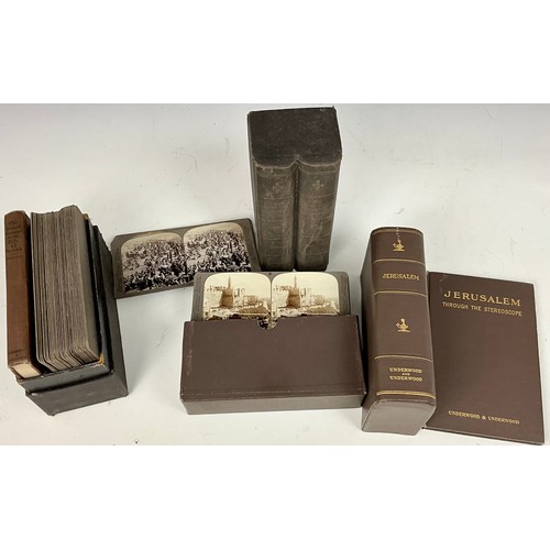 424 - BOXED UNDERWOOD AND UNDERWOOD STEREOSCOPE CARDS, ‘SWITZERLAND THROUGH THE STEREOSCOPE’, ‘JERUSALEM’,... 