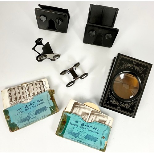 423 - VARIOUS STEREOSCOPE AND OTHER VIEWERS AND 2 BOXED SETS OF STEREOSCOPE CARDS