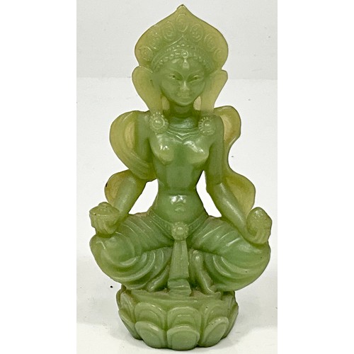 468 - CARVED JADE SEATED ASIAN ICON. HEIGHT 14cm