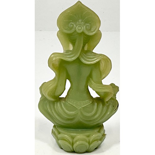 468 - CARVED JADE SEATED ASIAN ICON. HEIGHT 14cm