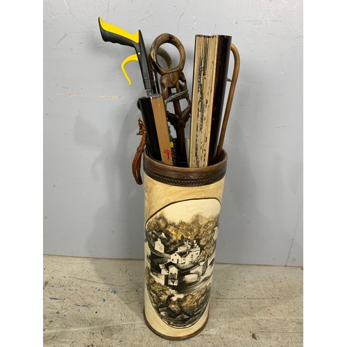 522 - MISC. WALKING STICKS AND PARASOL & 2 LARGE DECORATIVE FANS