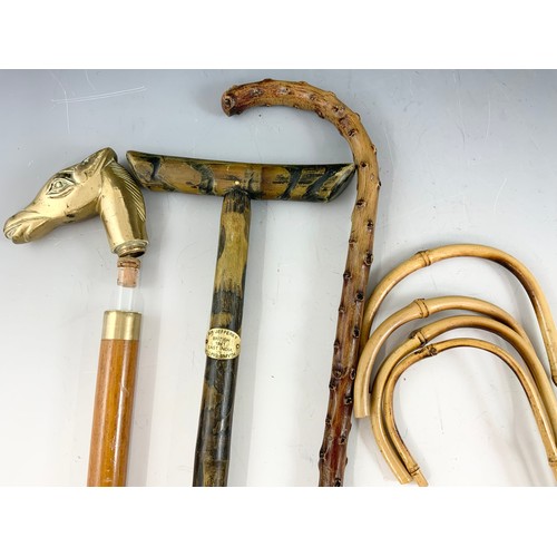 521 - QUANTITY OF WALKING STICKS ONE WITH FLASK, SCHOOL CANES,,