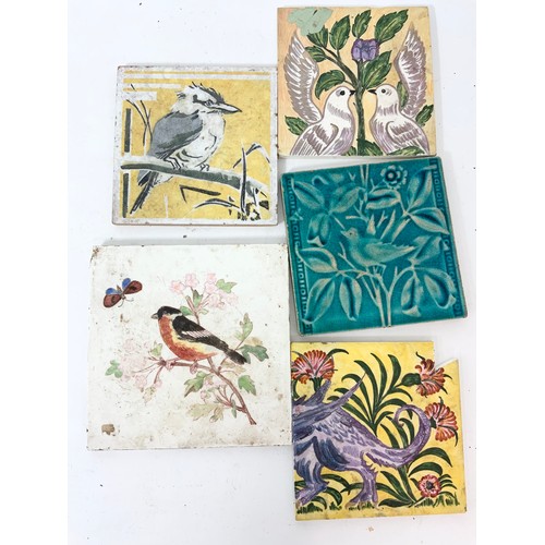 245 - 9 VINTAGE / ANTIQUE TILES WITH BIRD & ANIMAL DECORATION