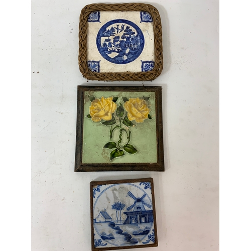 247 - FRAMED  VINTAGE TILES / TEAPOT STANDS