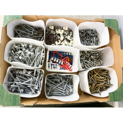 597 - 3 TRAYS OF IRONMONGERY SCREWS CABLE CUPS, NAIL FIXIN, COPPERWARE, RAWBOLTS, PLUBMING ETC