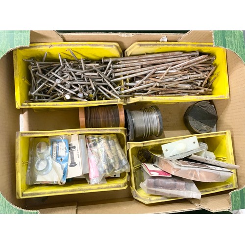 597 - 3 TRAYS OF IRONMONGERY SCREWS CABLE CUPS, NAIL FIXIN, COPPERWARE, RAWBOLTS, PLUBMING ETC