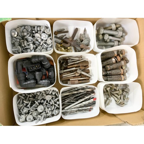 597 - 3 TRAYS OF IRONMONGERY SCREWS CABLE CUPS, NAIL FIXIN, COPPERWARE, RAWBOLTS, PLUBMING ETC