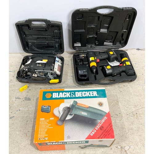 596 - BOXED POWER TOOLS - BLACK AND DECKER ANGLE GRINDER, FOCUS JIGSAW T/W A PAIR OF  DP TOOLS CORDLESS DR... 