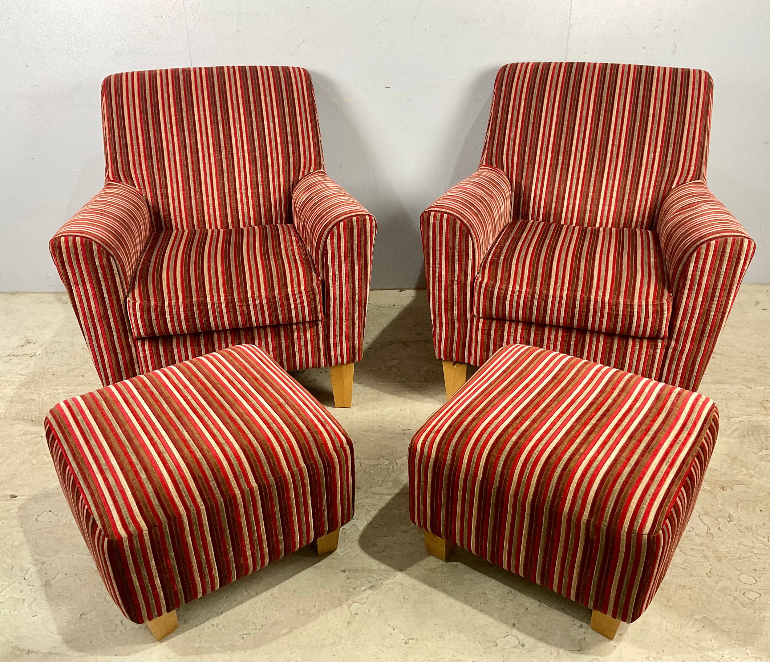 PR. MODERN ARMCHAIRS WITH STRIPED UPHOLSTERY AND MATCHING FOOTSTOOLS