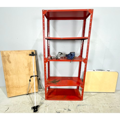 613 - METAL SHELVING, PASTING TABLE, SMALL FOLDING TABLE, EASEL, BENCH VICE AND DIY VICE