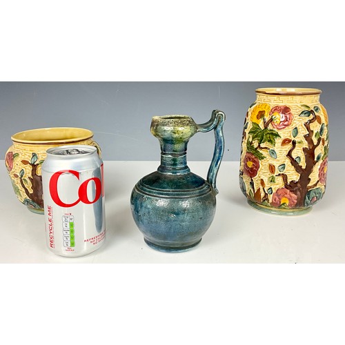 257 - 2 WOODS INDIAN TREE VASES WITH RELIEF DECORATION AND A BLUE POTTERY JUG