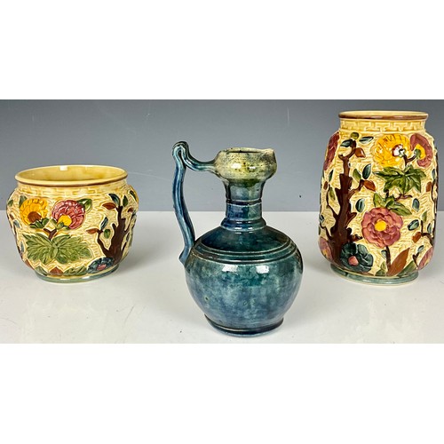 257 - 2 WOODS INDIAN TREE VASES WITH RELIEF DECORATION AND A BLUE POTTERY JUG