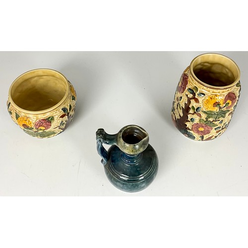 257 - 2 WOODS INDIAN TREE VASES WITH RELIEF DECORATION AND A BLUE POTTERY JUG