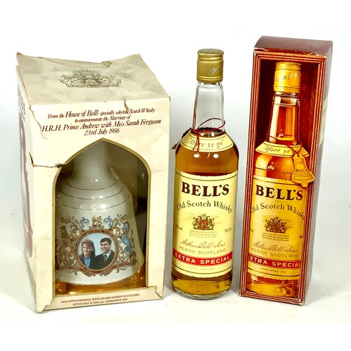 16 - BELLS WHISKY, ONE BOTTLE IN PRESENTATION BOX AND A PRINCE ANDREW AND SARAH FERGUSON COMMEMORATIVE BE... 