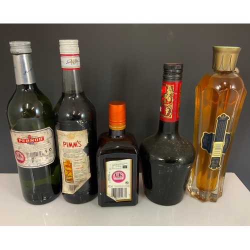 110 - MISC. BOTTLES OF ALCOHOL INC. DE KUYPER CHERRY BRANDY, ST.GERMAIN, PERNOD AND PIMMS