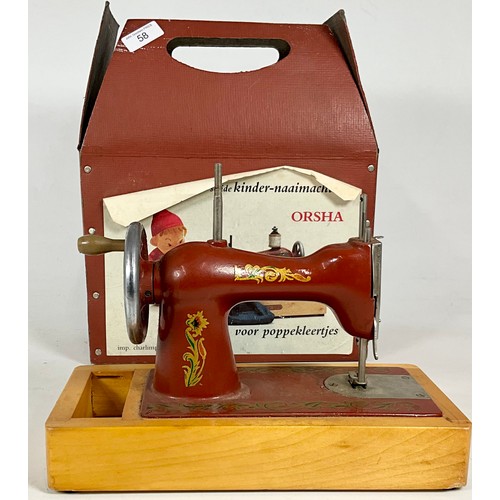 58 - CASED, MINIATURE CHILDS SEWING MACHINE, MARKED MADE IN USSR, ORSHA