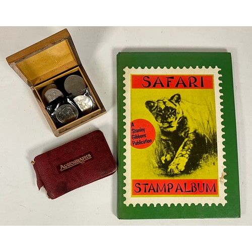 399 - SAFARI STAMP ALBUM, OLD AUTOGRAPH BOOK AND A BOX OF COMMEMORATIVE COINS