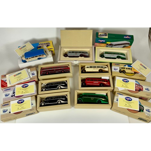 136 - CORGI CLASSICS, COLLECTION OF 9 GOOD BOXED MODEL BUSES & COACHES, INC. GREY GREEN AEC REGAL, X2, BED... 