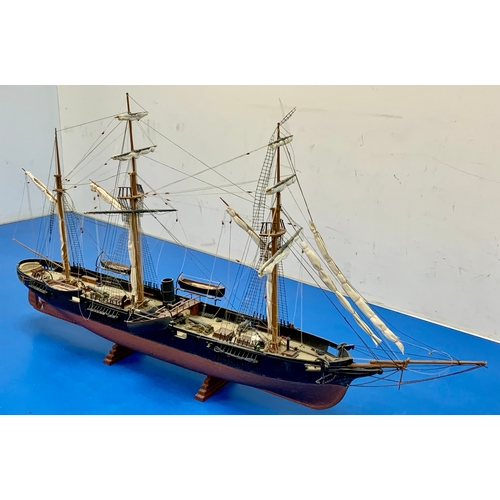 42 - MADE KIT OF A  STEAM SAILING SHIP, APPROX 86CM TO BOW SPRIT, NICE MODEL ON STAND