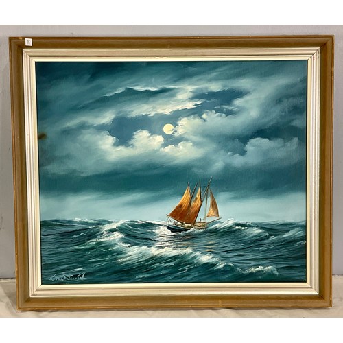 14 - KEITH ENGLISH (BRITISH CONTEMPORARY), OIL ON CANVAS, FISHING BOAT AT SEA, APPROX. 61 X 51 cm. MAYBE ... 