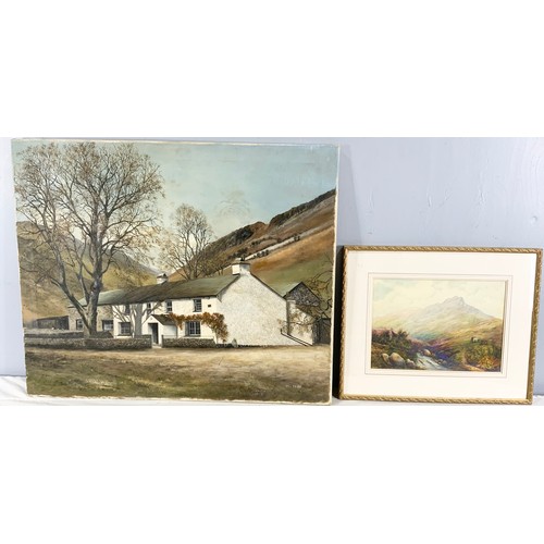 23 - MISC. PAINTINGS INC. LARGE OIL ON CANVAS DEPICTING A WELSH COTTAGE SIGNED M.L.TRIBE AND 4 VARIOUS WA... 