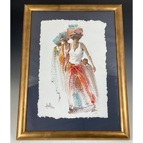 35 - WATERCOLOUR ON HANDMADE PAPER DEPICTING AFRICAN LADIES, INDISTINCTLY SIGNED, APPROX. 39 X 57 cm