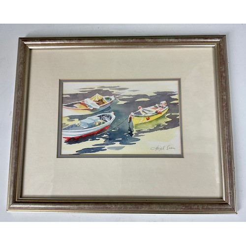 50 - HAZEL SOAN (20TH CENTURY) WATERCOLOUR ENTITLED ‘TRIO’ DEPICTING BOATS, WITH THE MEDICI GALLERY, LOND... 