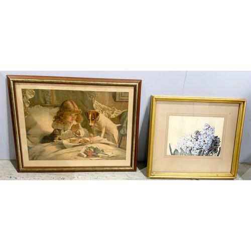 58 - FRANCES E. JAMES WATERCOLOUR FLOWERS AND A PEARS CHROMOLITHOGRAPHIC PRINT AFTER BURTON BARBER ‘SUSPE... 