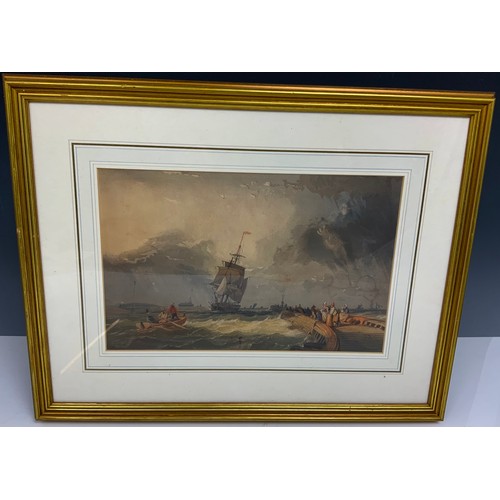 39 - WATERCOLOUR IN THE MANNER OF THOMAS BUSH HARDY DEPICTING BOATS IN A STORMY HARBOUR SCENE, APPROX. 34... 