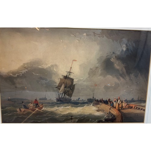 39 - WATERCOLOUR IN THE MANNER OF THOMAS BUSH HARDY DEPICTING BOATS IN A STORMY HARBOUR SCENE, APPROX. 34... 