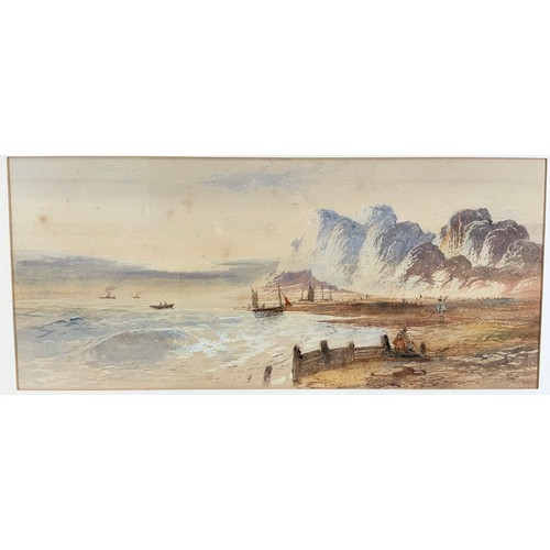 42 - WILLIAM HENRY VERNON (1820-1909), WATERCOLOUR ON PAPER DEPICTING COASTAL SCENE, APPROX. 53 X 23 cm