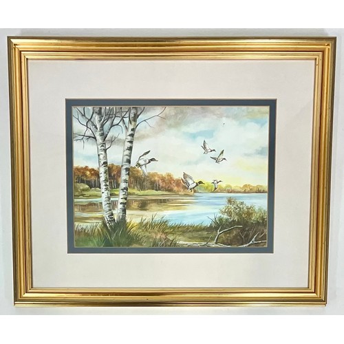38 - WATERCOLOUR DEPICTING DUCKS OVER A LAKE WITH J. SKERRETT SIGNATURE. POSSIBLE ROYAL WORCESTER CONNECT... 