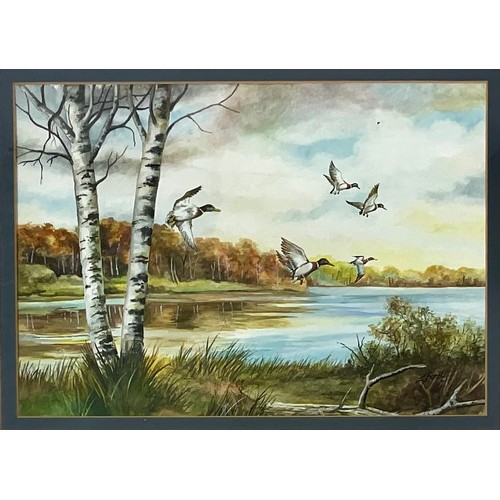 38 - WATERCOLOUR DEPICTING DUCKS OVER A LAKE WITH J. SKERRETT SIGNATURE. POSSIBLE ROYAL WORCESTER CONNECT... 
