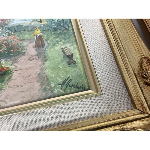56 - PR. WATERCOLOURS DEPICTING COTTAGE SCENES, INDISTINCTLY SIGNED BOTTOM RIGHT, GILT FRAMES, EACH APPRO... 
