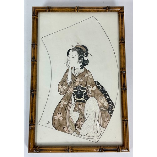 53 - WATERCOLOUR JAPANESE LADY WITH MONOGRAM AND SIMULATED BAMBOO FRAME, APPROX. 19 X 29 cm overall