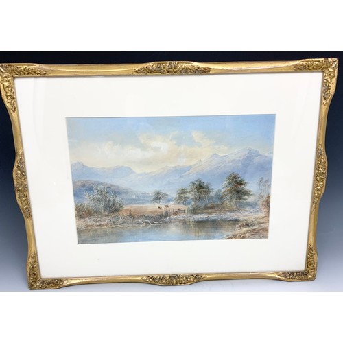 36 - VICTORIAN WATERCOLOUR DEPICTING HIGHLAND SCENE, INDISTINCTLY SIGNED, APPROX. 40 X 26 cm