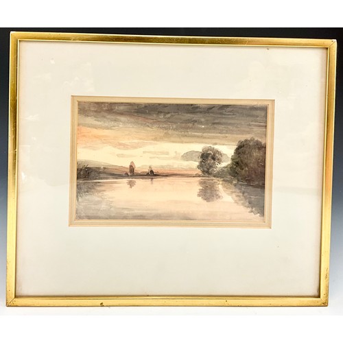 62 - FISHING BOAT WITH RED SAIL BEFORE A BRIDGE WATERCOLOUR SIGNED LASALLE T/W SUNSET OVER A LAKE WATERCO... 