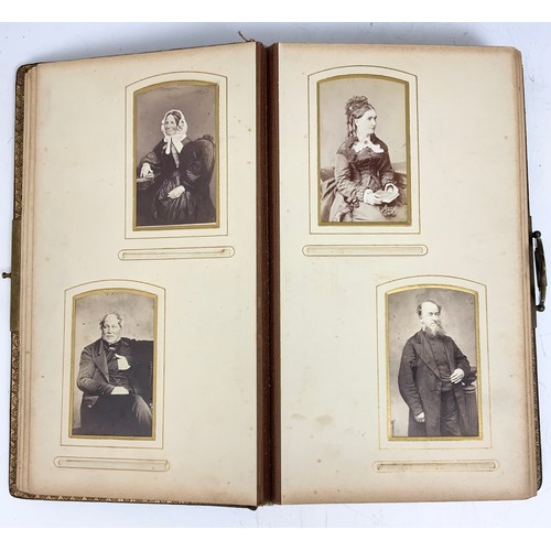 135 - VICTORIAN PHOTO ALBUM WITH RELIEF DECORATED COVER AND CONTENTS TOGETHER WITH 3 PHOTO POSTCARDS DEPIC... 