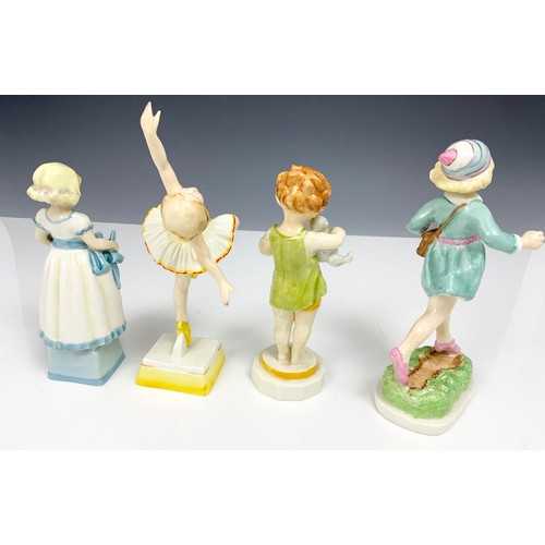 163 - 4 ROYAL WORCESTER FREDA DOUGHTY DAYS OF THE WEEK FIGURINES MONDAY, TUESDAY, WEDNESDAY, THURSDAY