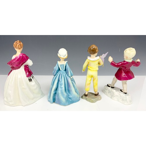 166 - 4 ROYAL WORCESTER FREDA DOUGHTY FIGURINES FIRST DANCE, GRANDMOTHERS DRESS, JANUARY,THE PARAKEET