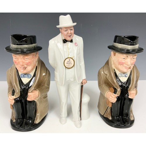 191 - ROYAL DOULTON WINSTON CHURCHILL HILL CHARACTER & TOBY JUGS  D6649,  D6907, AND FIGURINE  HN3057