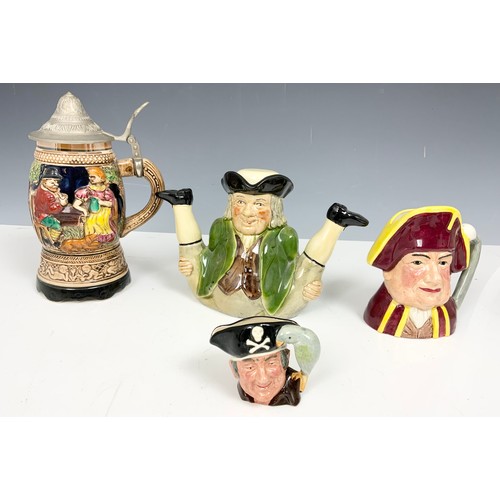 196 - CHARACTER TOBY JUGS, TEAPOT, MUSICAL STEIN & A ROYAL DOULTON CHARACTER  JUG